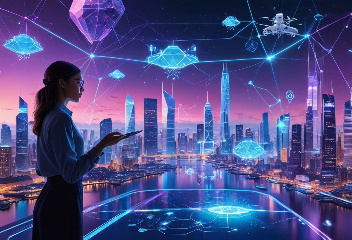 A futuristic landscape featuring a person using a holographic display to create digital media, surrounded by floating icons representing emerging technology trends such as AI, VR, and blockchain. The background displays a skyline with advanced architecture and drones flying by. The color palette is vibrant with blues and purples, symbolizing innovation. super-realistic. vibrant colors.