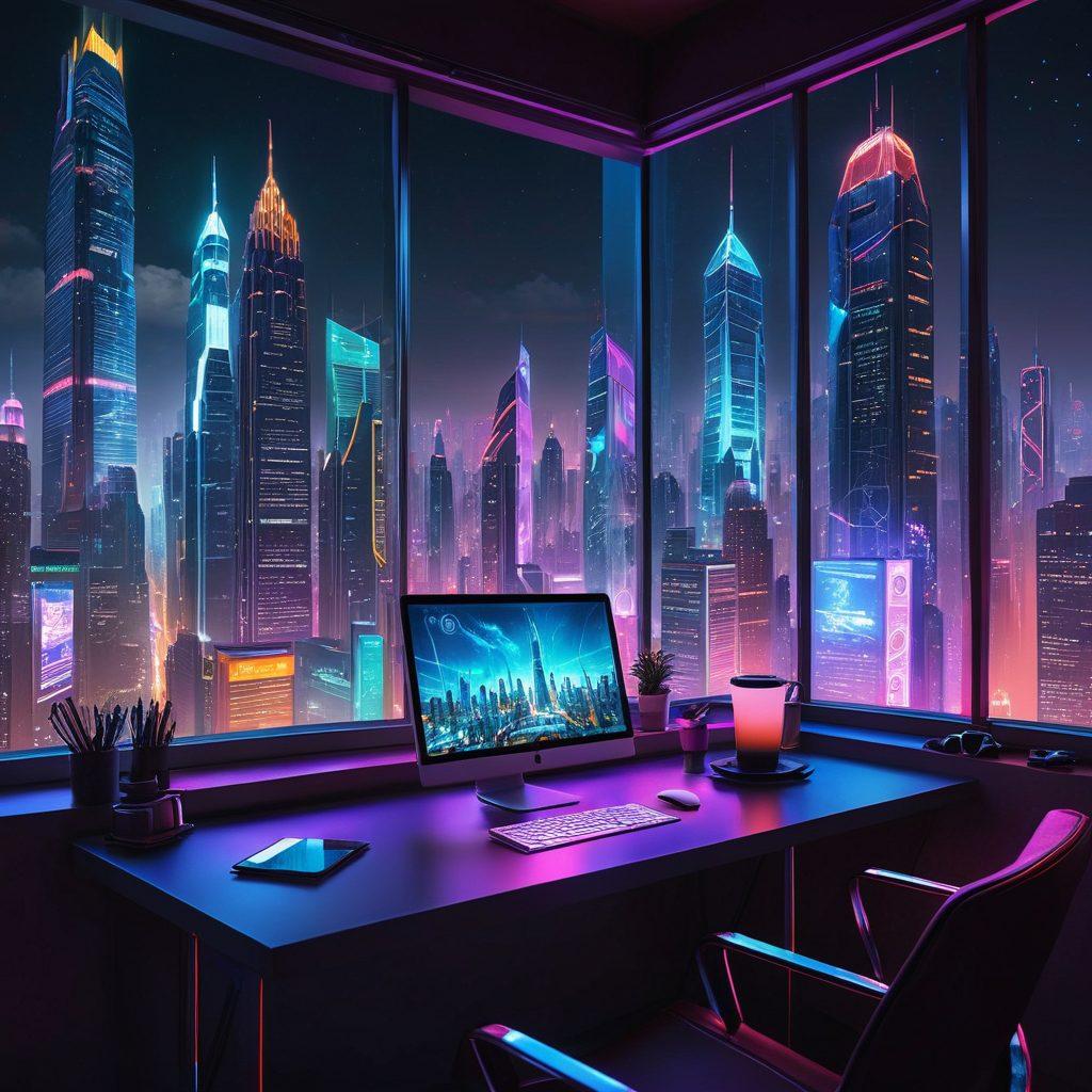 A futuristic workspace featuring a blogger at a sleek digital interface, surrounded by holographic screens displaying analytics and virtual publishing tools. The setting is vibrant with abstract digital art on the walls, a cup of coffee steaming beside a laptop, and a window showing a bustling cityscape. Emphasize the merger of traditional blogging with advanced technology and digital engagement. cyberpunk. vibrant colors. super-realistic.