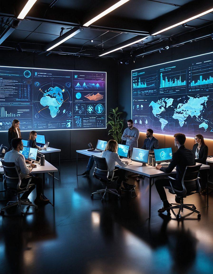 A futuristic workspace with a diverse group of creatives collaborating over holographic displays, showcasing graphs and dynamic content generation tools. Surrounding them are vivid illustrations of various technology trends like AI, VR, and data analytics. The atmosphere is bright and innovative, with glowing screens and digital elements floating around. super-realistic. vibrant colors. modern design.